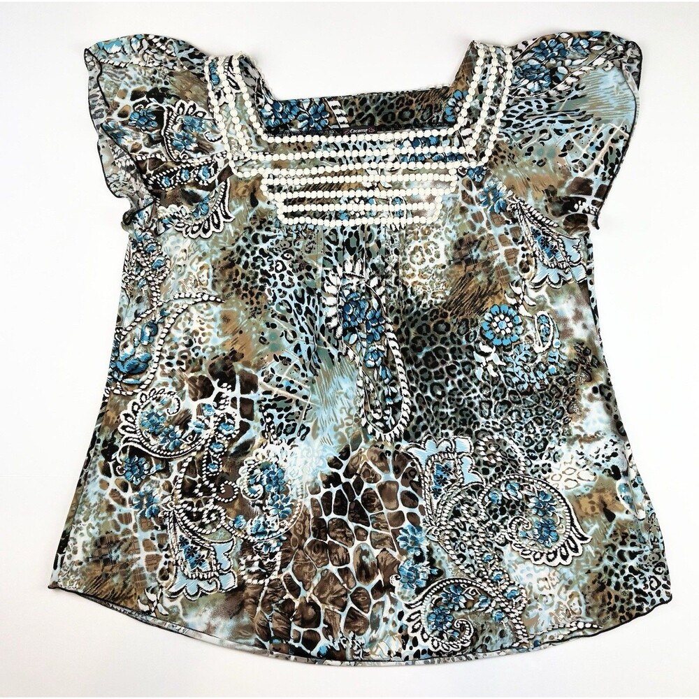 Cocomo Women's 2X Blouse Flowy Artsy Colorful Short Sleeve Blue Animal Print